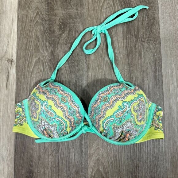 Victoria's Secret Swimsuit Push Up Bkini Top 36B Yellow Paisley Halter Neck - Picture 1 of 9